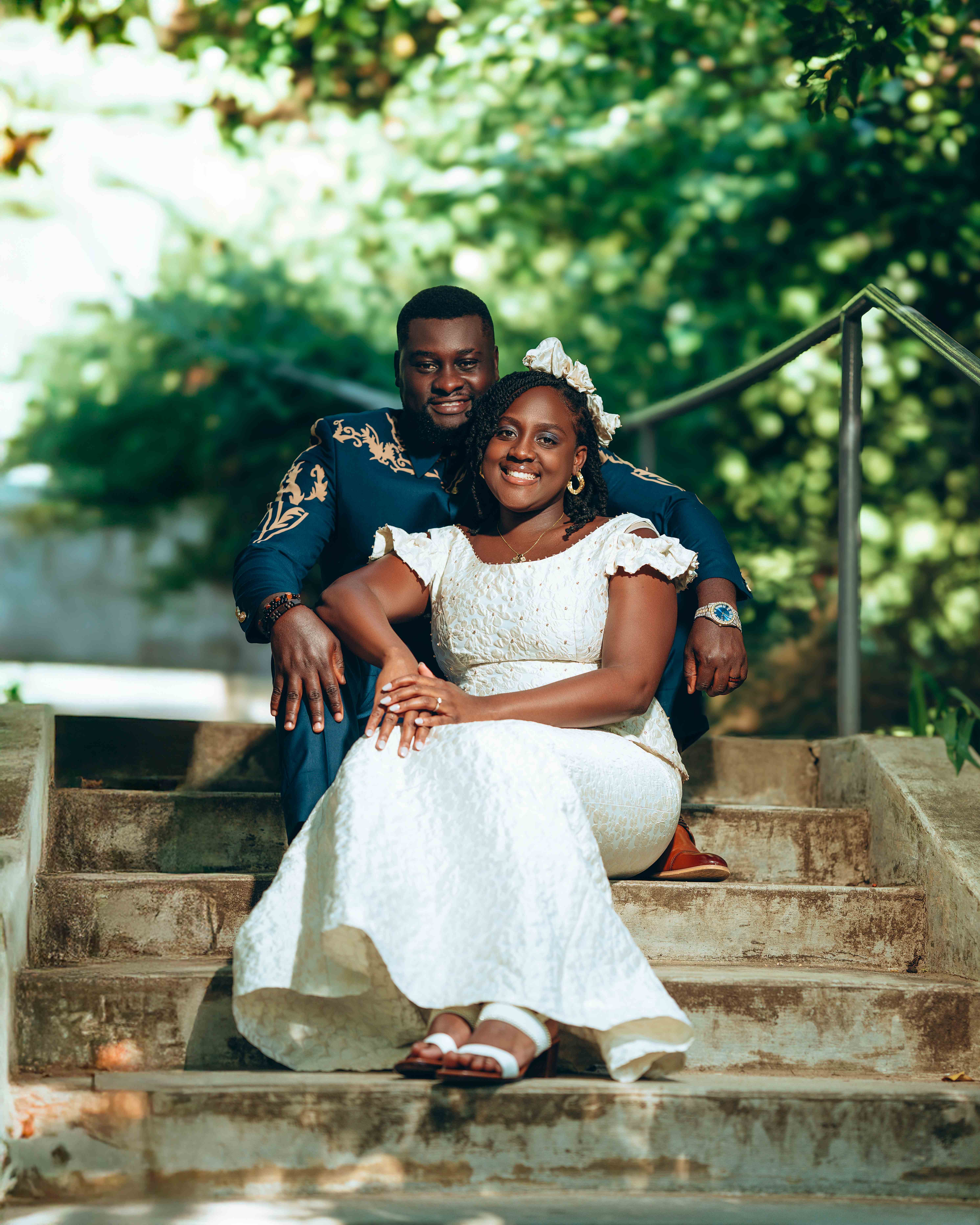 Beautiful wedding photo on stone steps