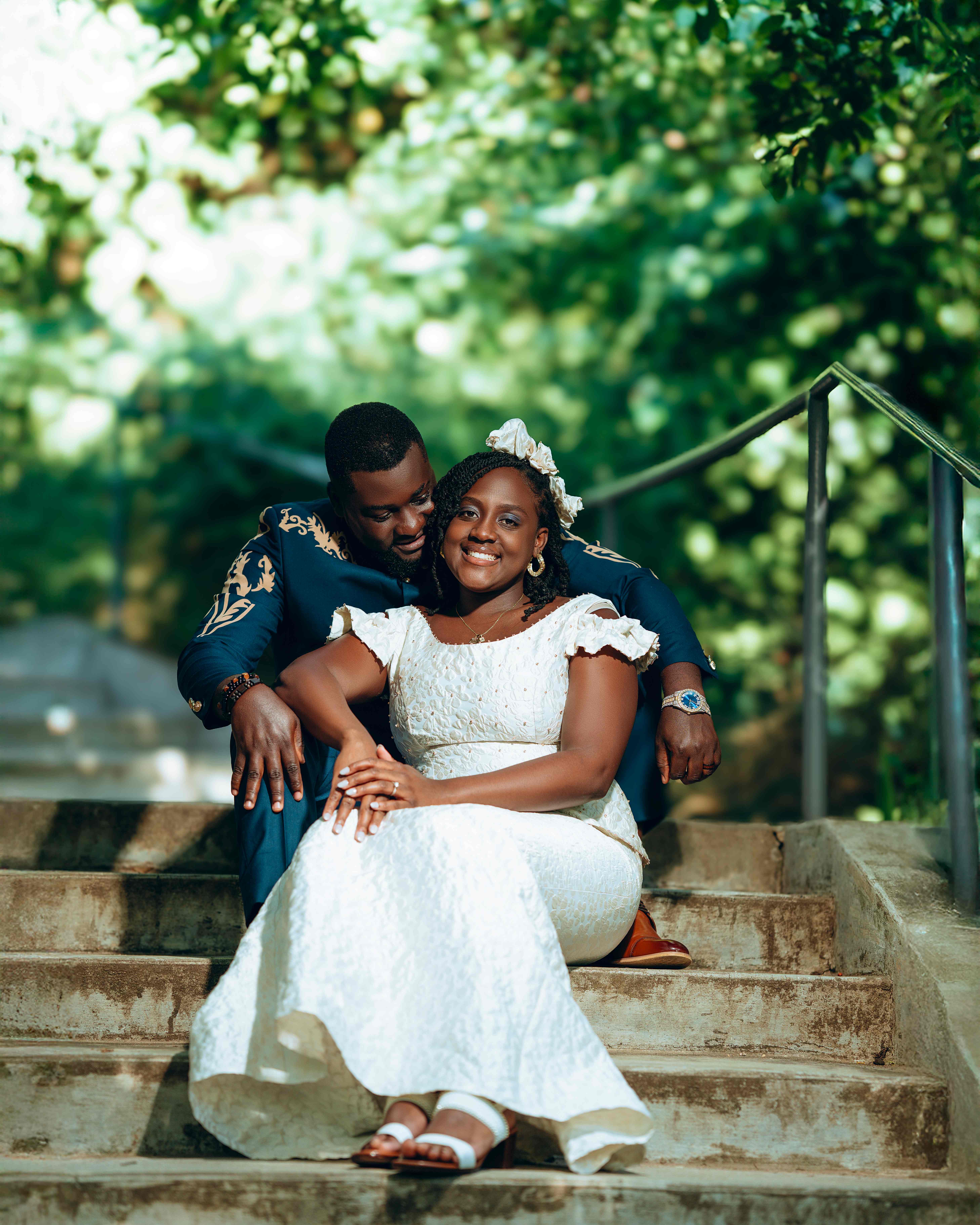 Elegant formal wedding photo on stone steps