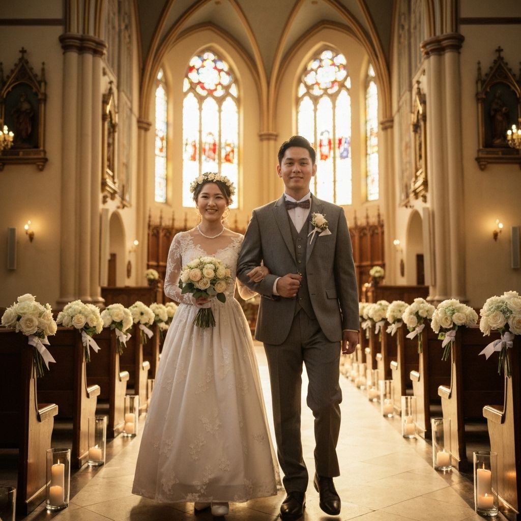 Couple walking down aisle